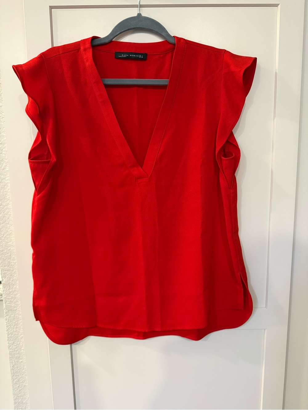 Zara Bright Red V-Neck Flutter Sleeve Blouse